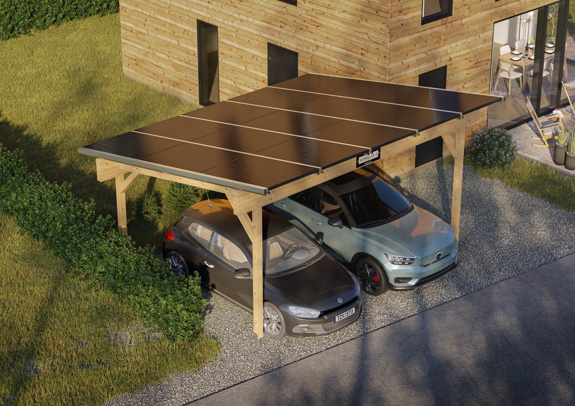 Dubbelcarport med solcellstak vid villa